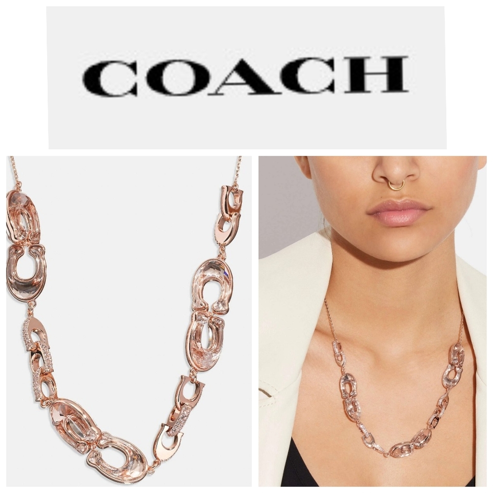 COACH Faceted Crystal Signature Link Slider Necklace In Rose Gold